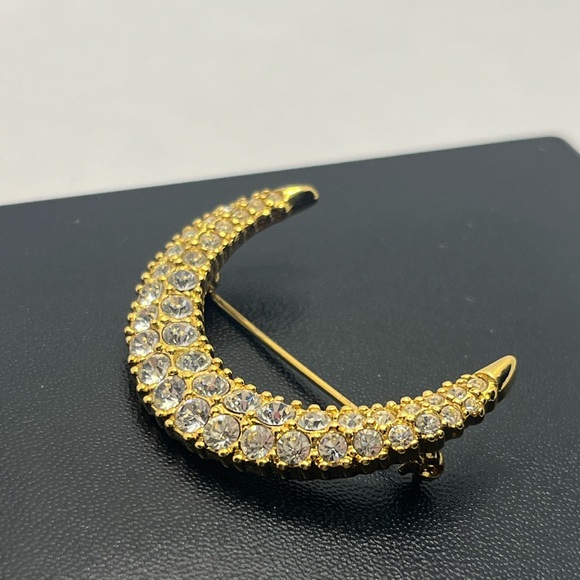Swarovski gold tone clear rhinestone crescent moon brooch pin